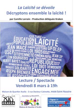 flyer lecture spectacle laïcité 8 mars 1