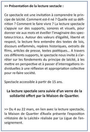 flyer lecture spectacle laïcité 8 mars 2